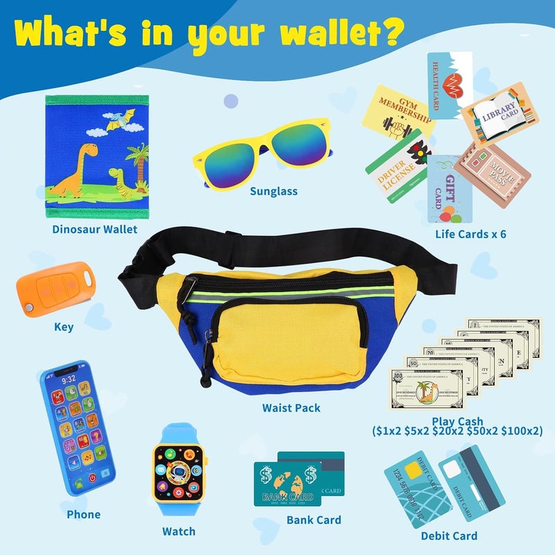 Learn2M Store محفظة لعب للأولاد الصغار من عمر 3-6 سنوات، لعبتي الأولى كحقيبة خصر، محفظة ديناصور، نظارات شمسية، هاتف ذكي، ساعة ذكية، مفاتيح سيارة، بطاقات حياة ونقود مزيفة - Image 5
